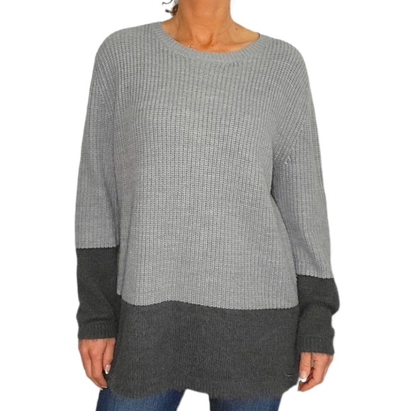 DKNY Long Sleeve Ribbed Knit Faux Fur Sweater Large Grey - Picture 1 of 6